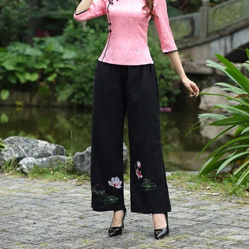Traditionel Kinesisk Stil Bukser Pantalon Chinois Fritid Bomuld Kung Fu Yoga Pants Bukser Med Elastik Bred Ben Bukser