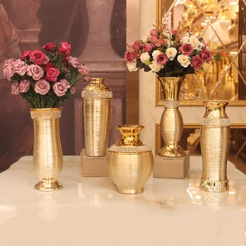 Europæisk stil lys luksus galvanisering golden børstet keramiske metaller guld vase moderne spisebord hjem dekoration bryllup