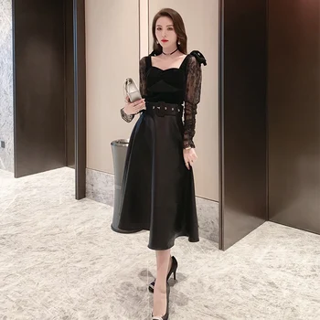 Foråret 2021 Kvinder ' s A-Line Nederdel Solid Black Elegante PU Læder Nederdel med Bælte