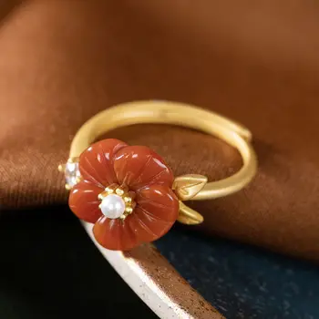 Original SNew Sølv Guld Naturlige Syd Red Plum Blossom, Vintage Indlagt Pearl Zircon Luksus Luksus Temperament Kvinder Åben Ring