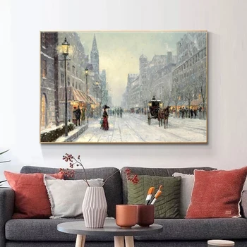 Byen Vinter Sne Landskab Lærred Maleri Abstrakte Plakater og Prints Cuadros Væg Kunst Billeder til stuen Hjem Dekoration