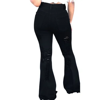 FNOCE efteråret kvinders jeans street fashion, afslappet fast højde wasit tynde hul, hule ud slim flare bukser denim