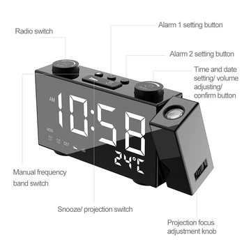 Digital Ur med Dobbelt Alarm Med Snooze-Funktion USB-4 Justering af Lysstyrke LED-Ur Projektor 6 Tommer FM-Projektion Radio