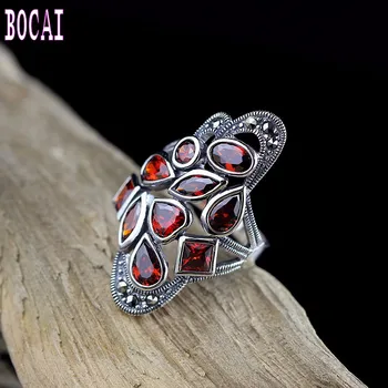 BOCAI real S925 sterling sølv smykker udsøgt med shape inlay Granat ring for Kvinder mode lady ring kvinde sølv ring
