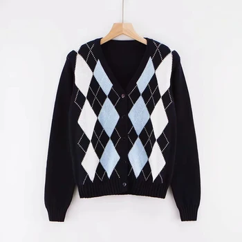 2020 Vintage Stilfulde Geometriske Rhombiske Cardigan Sweater Kvinder Mode Efteråret Varm Langærmet Overtøj England-Stil Toppe