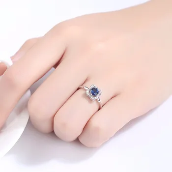 CZCITY Klassiske Skabt Blå Safir Solitaire Bryllup Engagement 925 Sterling Sølv Blomst Ring for Kvinder Cubic Zirconia Ringe