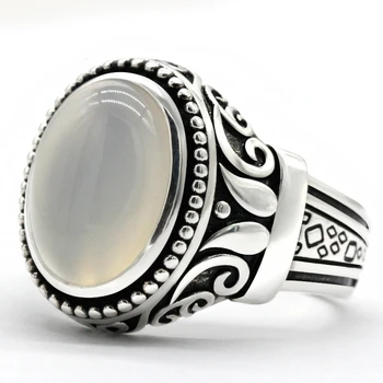 Naturlige Agat Ring for Mænd 925 Sterling Sølv Oval Hvid Sten Vintage Design i Udskåret Ringe tyrkisk Håndlavede Smykker Gave
