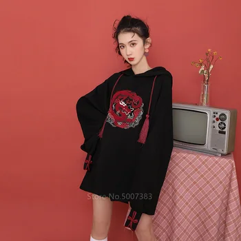 Traditionel kinesisk Tøj Tang Passer Top for Kvinder Mode Lang Hooded Sweater Gotiske Red Dragon Broderi Sort Silke Top