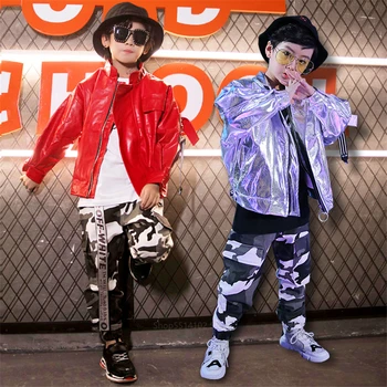 Jazz Dance Bære Kostume for Kids Baby Drenge Smarte Hip Hop-Scene, der Passer Metallisk Sølv Jakke Frakke Camouflage Bukser Sæt