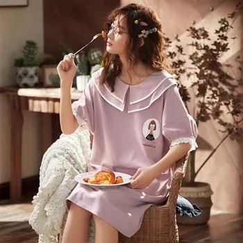 Nightgowns Kvinder Sleepshirts kortærmet Sommer Flæser Homewear Kawaii Piger koreansk Stil Lace-up Trendy Peter Pan Krave Chic