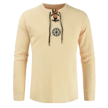 Middelalderlige Viking Pirat Linned Top Shirt Renæssance-Kostume Herre Nordiske Retro T-shirt Skæg Cosplay Tee Lace-Up For Voksne
