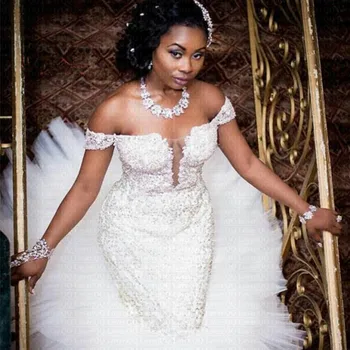 2019 Fantastiske Nakken, Flæser Havfrue Brudekjole Afrikanske Nigerianske skræddersyede brudekjoler