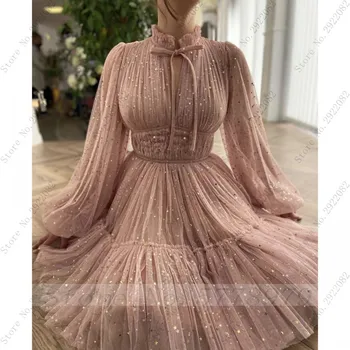 Thinyfull Glitrende Stjerner Tyl Pastel Pink Mini-Prom ' En Kjoler, Lange Ærmer Skinnende Prinsesse Aften Kjoler Robe De Soiree 2021
