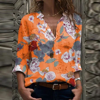 2020 Kvinder Vintage Bluse Med Blomster Print Shirts Efteråret Elegant Turn-Down-Hals Lange Ærmer Toppe Kontor Dame Casual Plus Size Blusa