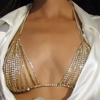 Sexet Crystal Rhinestones Krop Smykker Mode Bikini Kæde Undertøj Bra Design Sommer Strand Halskæde Smykker