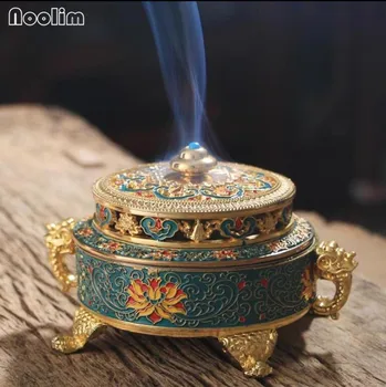 NOOLIM Samleobjekter Tibetanske Stil Malet Emalje Copper Alloy Coil Røgelse Brænder/Indehaver