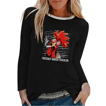 Frisk Bagt Kylling Print langærmet T-shirts Kvinder Efterår og Vinter Graphic Tee Æstetiske T-Shirt til Kvinder Sjove Hvid O-Neck Tops