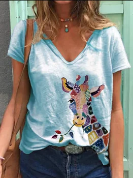 2020 Kvinder Giraf dyreprint Sommer T-Shirt til Kvinder Bomuld med V Hals Korte Ærmer Toppe Kvindelige Afslappet Plus Størrelse S-3XL t-Shirt