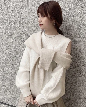 2020 efteråret og vinteren Japanske kvinder er søde off-shoulder puff ærmer falske to-stykke pullover sweater