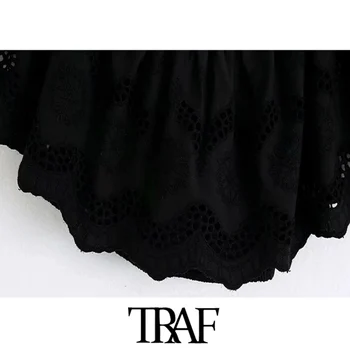 TRAF Kvinder Sød Mode Cutwork Embroidery, der er Beskåret, Bluser Vintage Slash Hals, Korte Ærmer Kvindelige Skjorter Smarte Toppe
