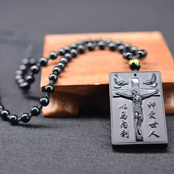 Sort Obsidian På Tværs Af Jesus Halskæde Vedhæng Jade Vedhæng Heldig Amulet Smykker Jade Smykker