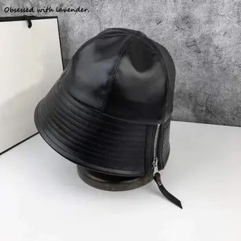Besat med lavendel.Fisherman ' s Hat Kvindelige Japanske Efterår/Vinter Hat Lynlås PU Læder Sort Hat Mandlige Foråret koreansk Stil