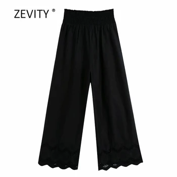 Zevity Kvinder mode hule ud broderi sort bred ben bukser kvindelige smarte elastik i taljen afslappet pantalones mujer bukser P869