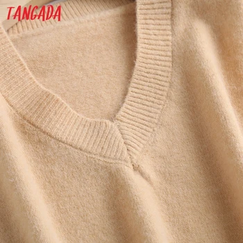 Tangada Kvinder 2021 Mode Solid Beige Strikket Vest Sweater med V-Hals uden Ærmer Kvindelige Vest Smarte Toppe WF20