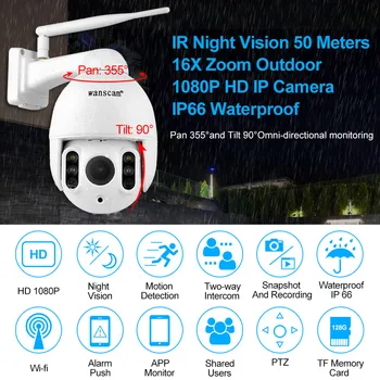 Wireless Wifi FHD 1080P IP-Kamera 16X Zoom Motion Detection Ansigt Auto-Tracking Udendørs IR Night Vision 50M Wanscam K64A Dome
