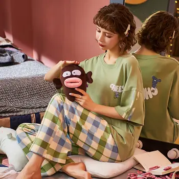 Pyjamas Sæt Kvinder Kort Ærme Trendy Trykt Plaid Fuld-længde Nattøj Kawaii Piger, Nattøj Løs Behagelig Fritid Tynd