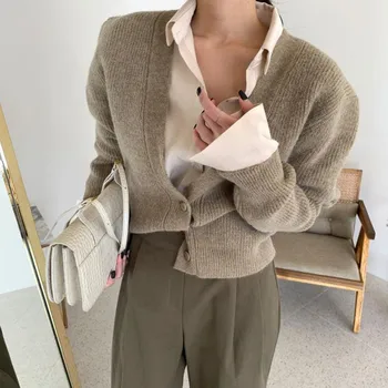 HziriP OL Single-breasted Cardigan Top Outwear Sweater Kvinder arbejdstøj 2021 Nye Efterår Forår Elegant V-hals Strikkede Trøjer
