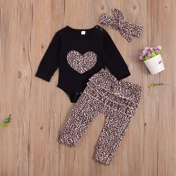 3 Stk Baby Piger, Tøj, Dragt med Lange Ærmer Hjerte Print Sparkedragt +Leopard bukser Bukser +Sløjfe Hovedbøjle Spædbarn Børn Outfits 0-18M