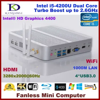 Gratis forsendelse Fanless Mini Micro Computer PC 4GB RAM/500 GB HDD,Intel i5-4200U Dual Core Quad Tråde, Wifi, Vinde 7/8/Linux