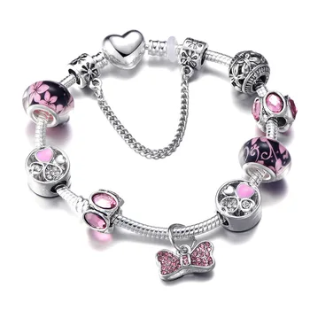 Nye Pandora style DIY fashion armbånd pink sløjfe diy-beaded færdig gave