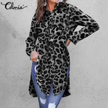 Celmia Kvinder Bluser Vintage Leopard Print Shirts 2021 Efteråret Langærmet Tunika Toppe Casual Løs Kvindelige Knapper Kontor Blusas