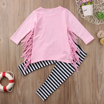 Kid Baby Pige Tøj Sæt Piger Fjer og Sort Pink Top+ Stribede Bukser Outfit Sæt 2stk Tøj Sæt