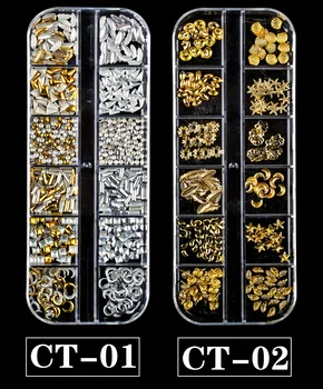Guld Sølv Hule 3D Nail Art Dekorationer Blande Metal Ramme, Søm, Nitter Skinnende Charme Strass Manicure Accessor Søm Smykker