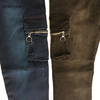 Samlona 2020 Ny Vestlig Stil Herre Multi-pocket Jeans Slim Casual Classic Fashion Denim Bukser Sort Blå Cargo Bukser til Mænd