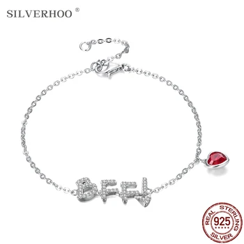 SILVERHOO S925 Sterling Sølv Brev Armbånd Kvinder Rød Krystal Hjerte-form Armbånd, Kæde, Damer Bryllup Elegante, Fine Smykker