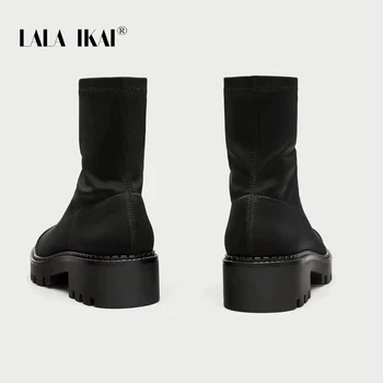 LALA IKAI Kvinder Syning Ankel Støvler Skinnende laklæder Strække Boot Tyk Bund Mode Kvindelige 2020 Efterår og Vinter C10330-4