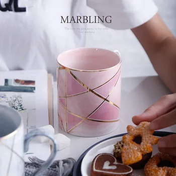 Håndmalet med Guld Stribe Marmor Porcelæn kaffebæger Kop Med Låg, Sæt Te Mælk Keramik Kopper og Krus Kreative bryllupsgave