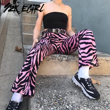 Y2K EGIRL Pastel Goth Zebra Print Pink Bukser Punk-Æstetik Midten af Livet Løs Lige Bukser 90'erne Streetwear Efteråret Bukser