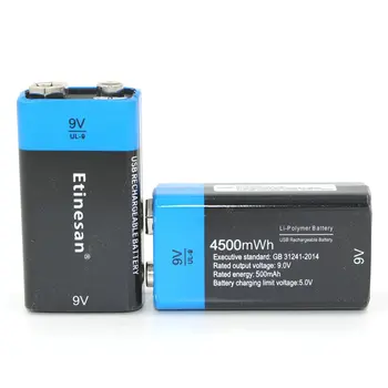 2stk NYE BRAND Etinesan 9V 4500mWh lithium lipo li-ion rech USB-Genopladelige batteri