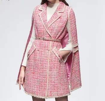 Abrigo tweed con fragancia pequeña para mujer, abrigo de lana rosa con doble botonadura ajustada de mezcla de lana